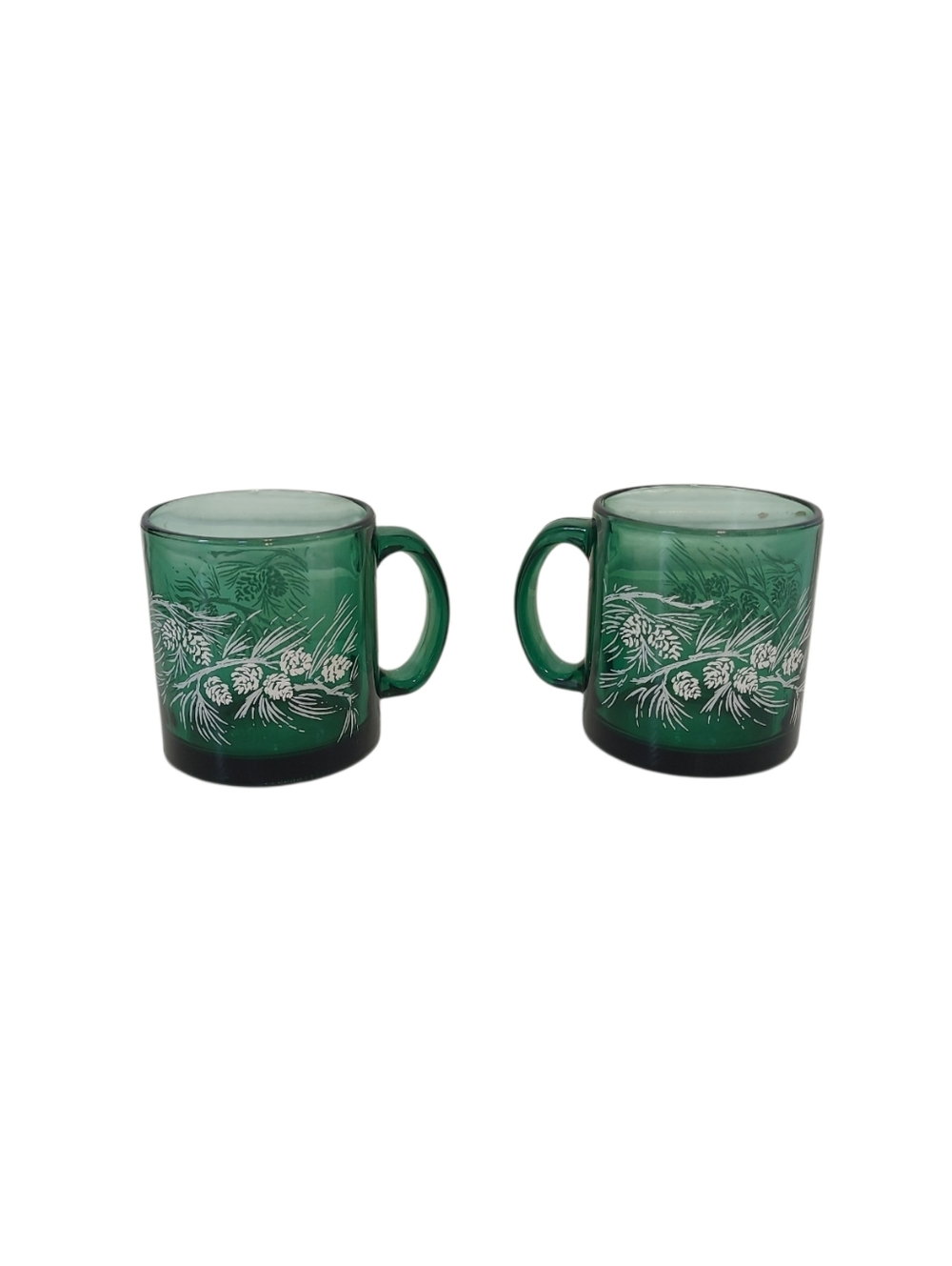 Vtg Green Glass Pine Theme Mugs Cups Made In USA Pine Cone